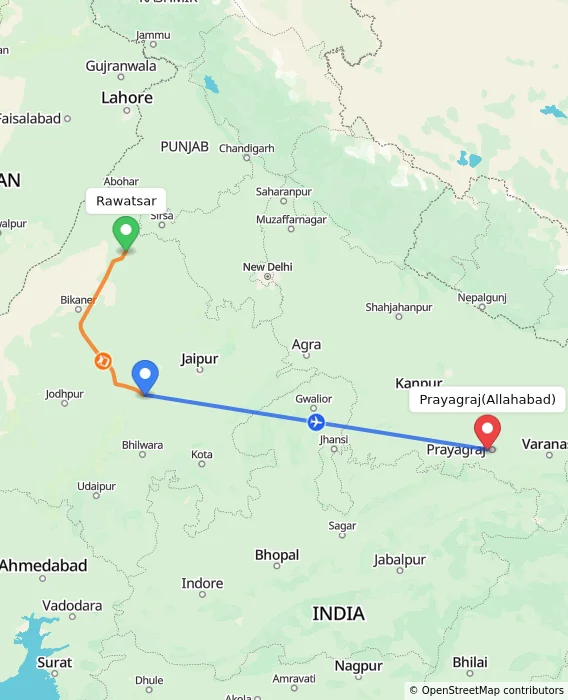 Route map showing distance and travel time from Rawatsar, India to Allahabad, India