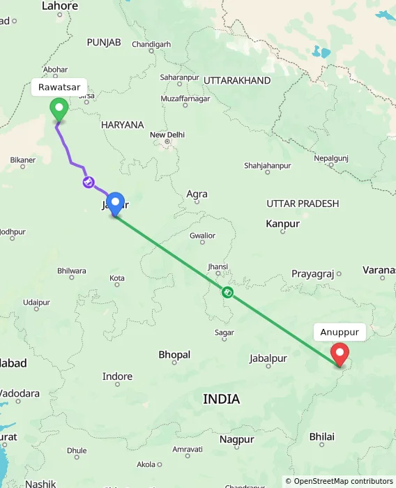 Route map showing distance and travel time from Rawatsar, India to Anuppur, India