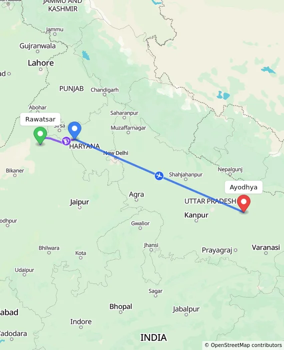 Route map showing distance and travel time from Rawatsar, India to Ayodhya, India