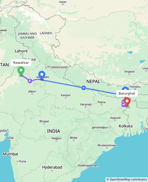 Route map showing distance and travel time from Rawatsar, India to Balurghat, India