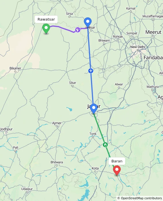 Route map showing distance and travel time from Rawatsar, India to Baran, India