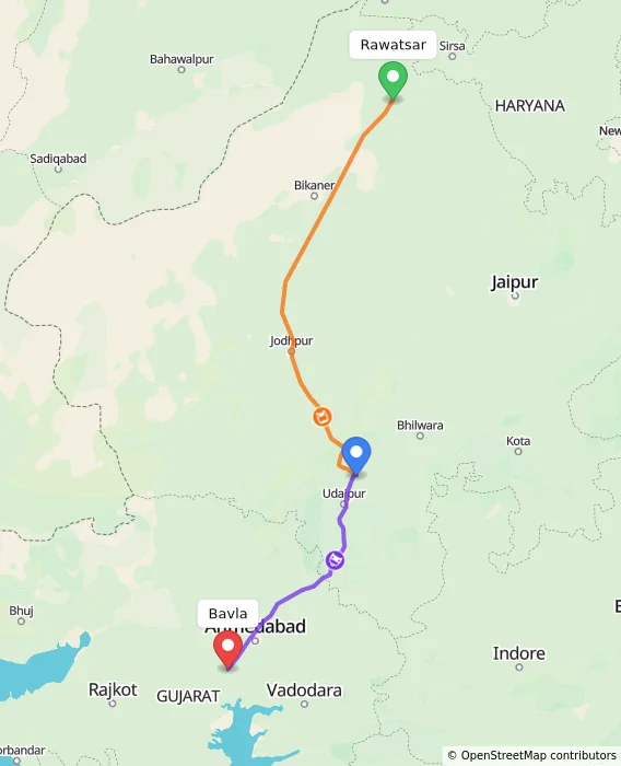 Route map showing distance and travel time from Rawatsar, India to Bavla, India