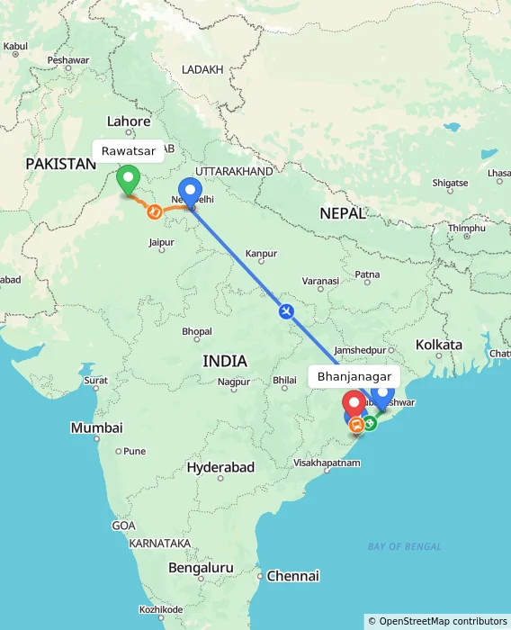 Route map showing distance and travel time from Rawatsar, India to Bhanjanagar, India