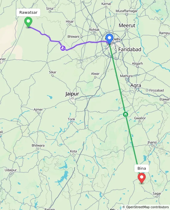 Route map showing distance and travel time from Rawatsar, India to Bina, India