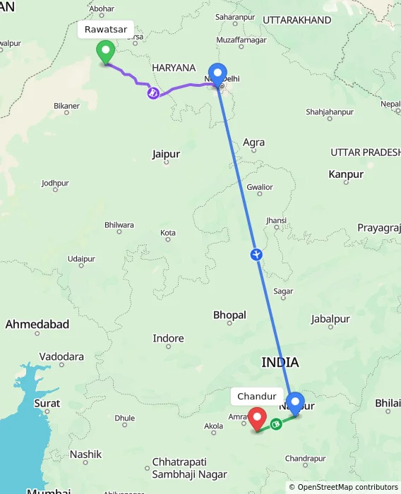 Route map showing distance and travel time from Rawatsar, India to Chandur, India