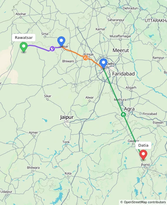 Route map showing distance and travel time from Rawatsar, India to Datia, India