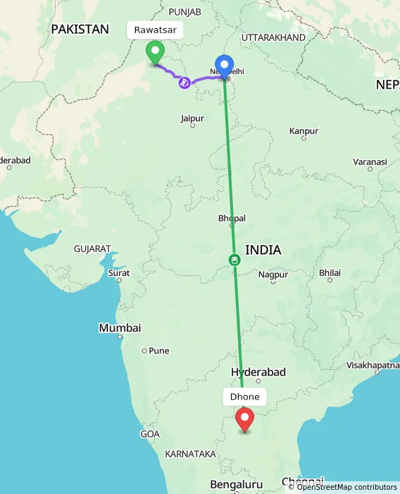 Route map showing distance and travel time from Rawatsar, India to Dhone, India