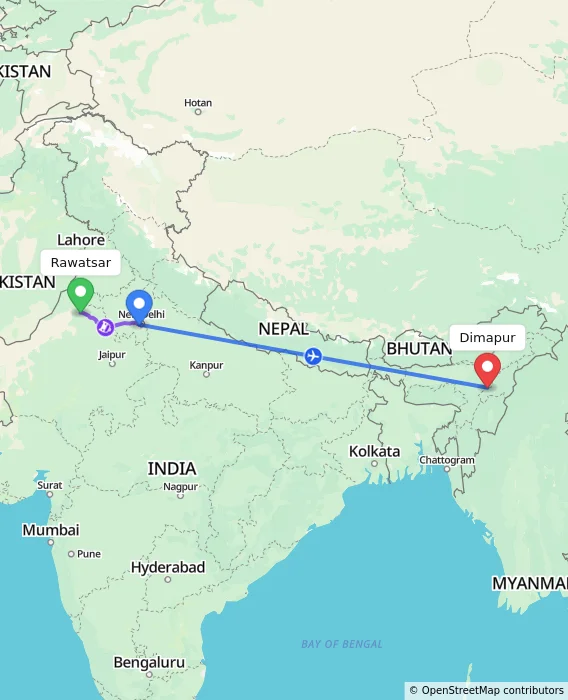 Route map showing distance and travel time from Rawatsar, India to Dimapur, India