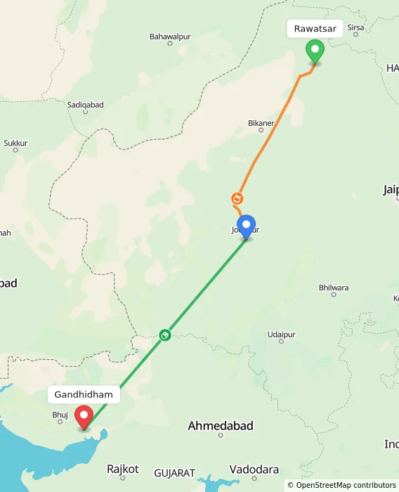 Route map showing distance and travel time from Rawatsar, India to Gandhidham, India