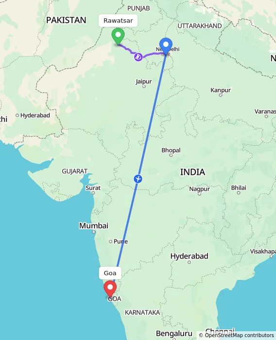 Route map showing distance and travel time from Rawatsar, India to Goa, India
