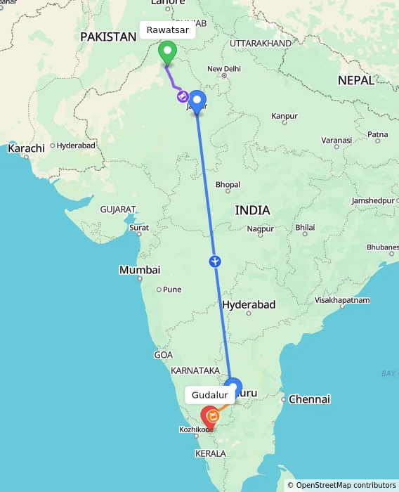 Route map showing distance and travel time from Rawatsar, India to Gudalur, India