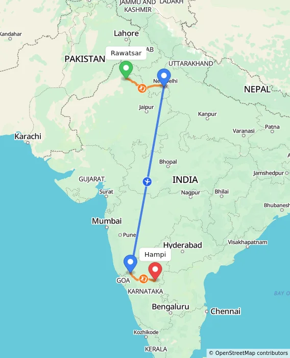Route map showing distance and travel time from Rawatsar, India to Hampi, India