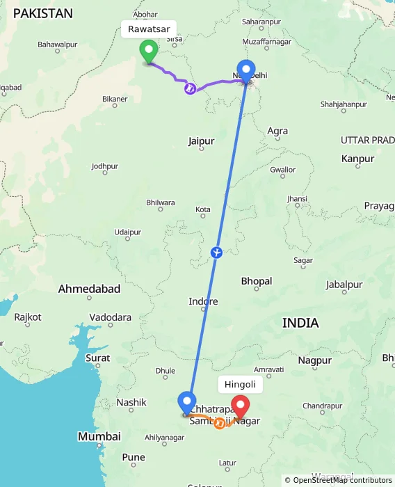 Route map showing distance and travel time from Rawatsar, India to Hingoli, India