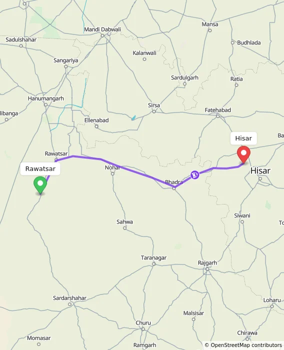 Route map showing distance and travel time from Rawatsar, India to Hisar, India