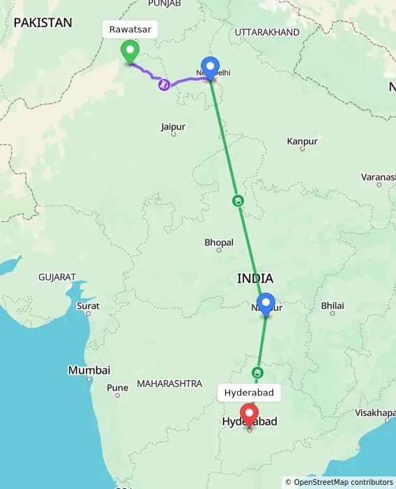 Route map showing distance and travel time from Rawatsar, India to Hyderabad, India