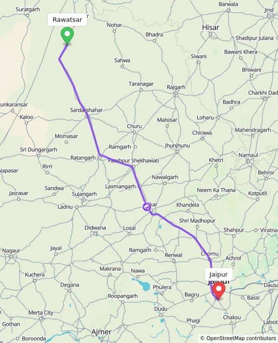 Route map showing distance and travel time from Rawatsar, India to Jaipur, India