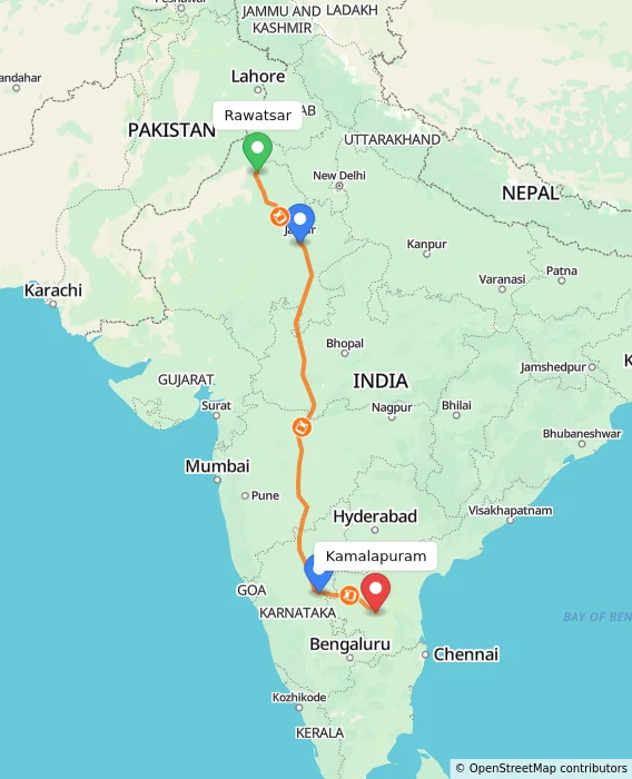 Route map showing distance and travel time from Rawatsar, India to Kamalapuram, India