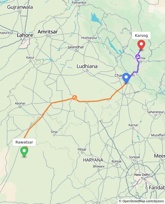 Route map showing distance and travel time from Rawatsar, India to Karsog, India