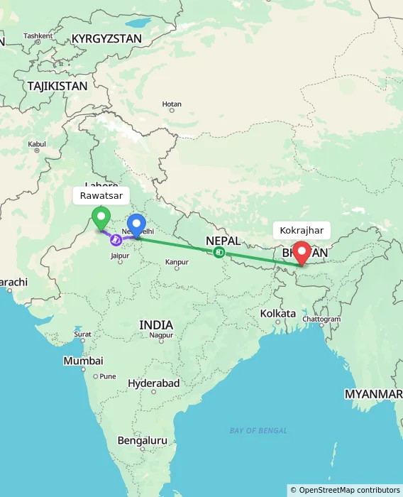 Route map showing distance and travel time from Rawatsar, India to Kokrajhar, India