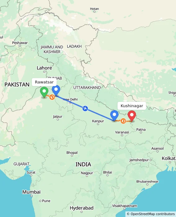Route map showing distance and travel time from Rawatsar, India to Kushinagar, India