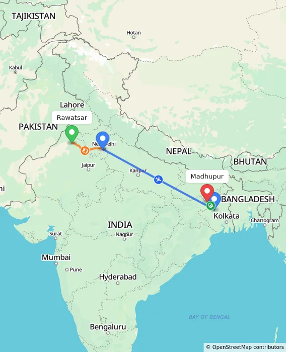 Route map showing distance and travel time from Rawatsar, India to Madhupur, India
