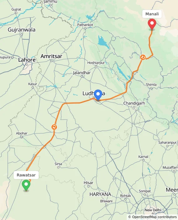 Route map showing distance and travel time from Rawatsar, India to Manali, India