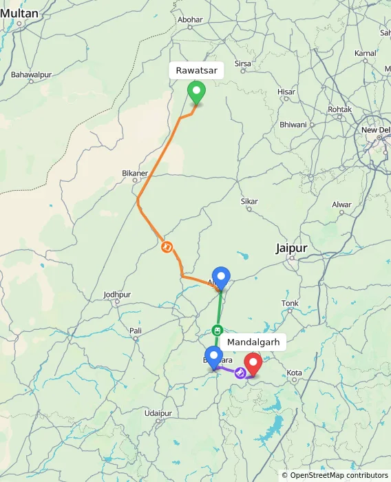 Route map showing distance and travel time from Rawatsar, India to Mandalgarh, India