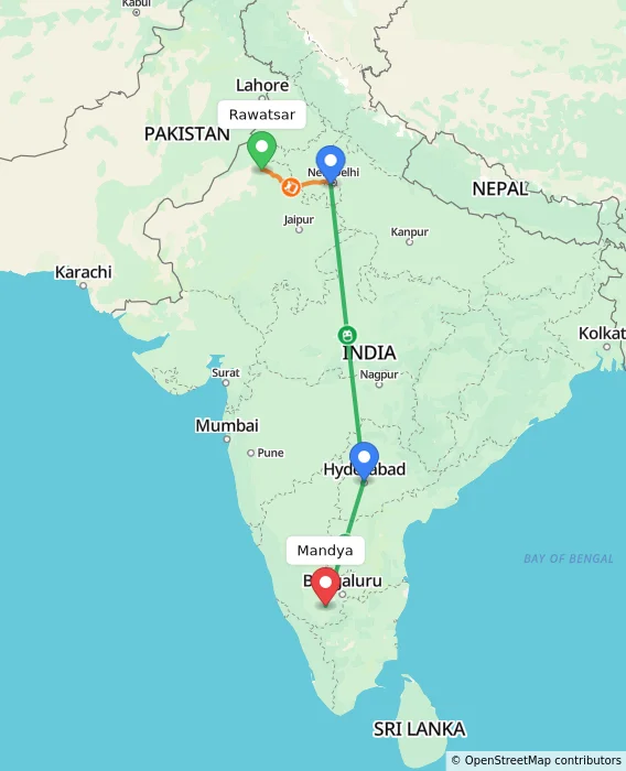 Route map showing distance and travel time from Rawatsar, India to Mandya, India