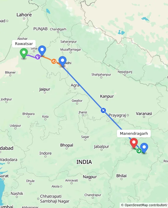 Route map showing distance and travel time from Rawatsar, India to Manendragarh, India