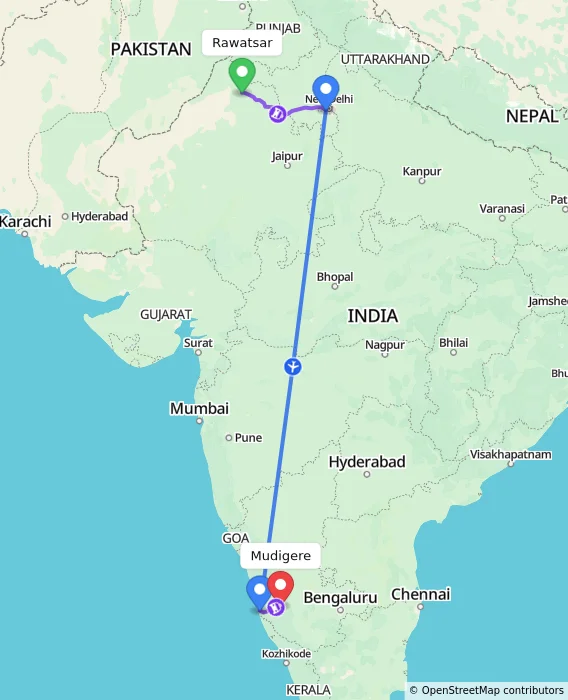 Route map showing distance and travel time from Rawatsar, India to Mudigere, India