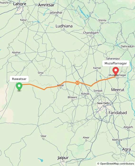 Route map showing distance and travel time from Rawatsar, India to Muzaffarnagar, India