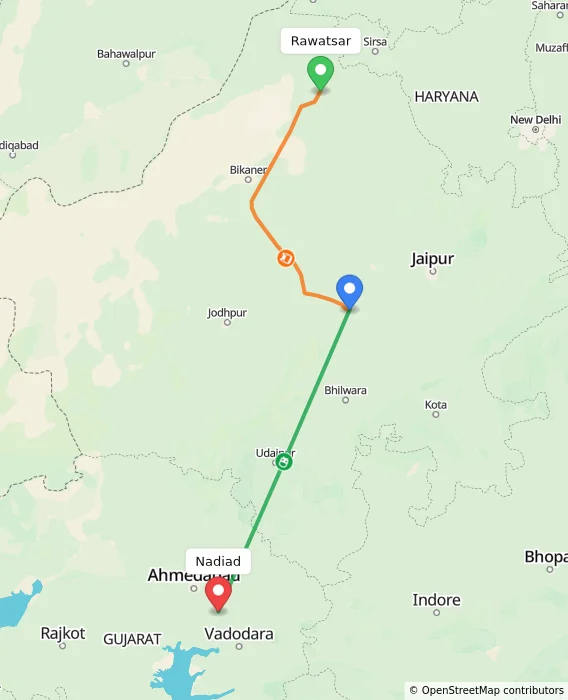 Route map showing distance and travel time from Rawatsar, India to Nadiad, India