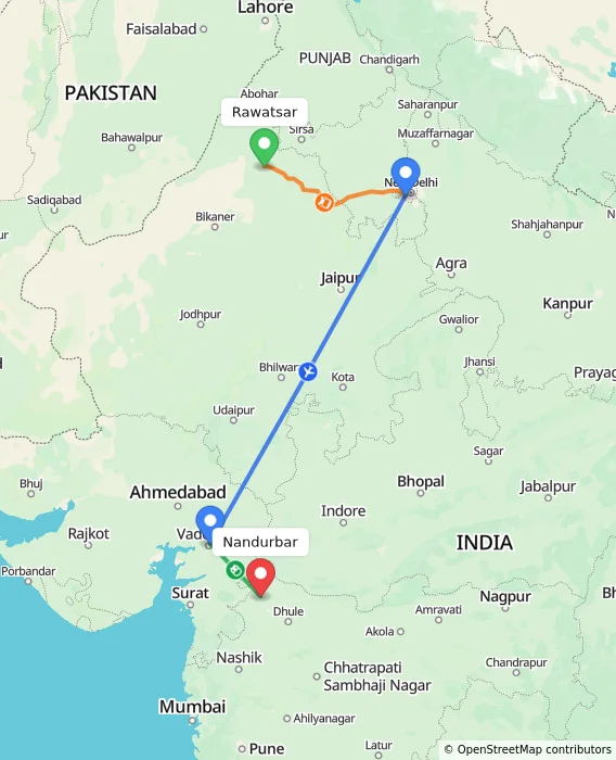 Route map showing distance and travel time from Rawatsar, India to Nandurbar, India