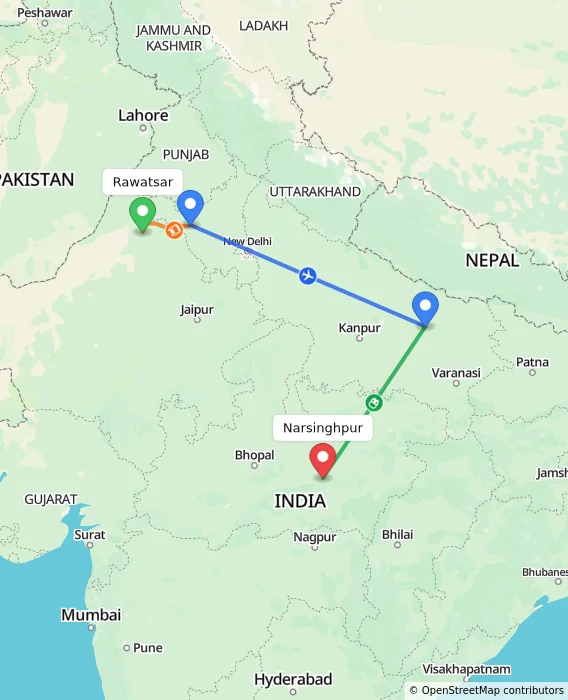 Route map showing distance and travel time from Rawatsar, India to Narsinghpur, India