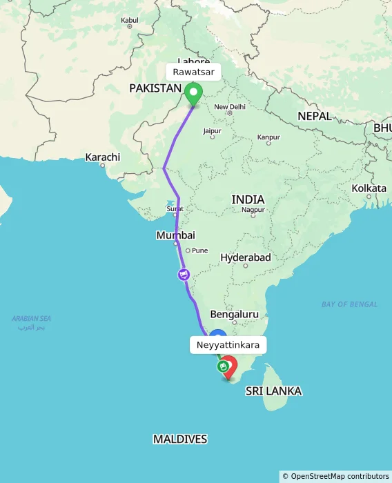 Route map showing distance and travel time from Rawatsar, India to Neyyattinkara, India