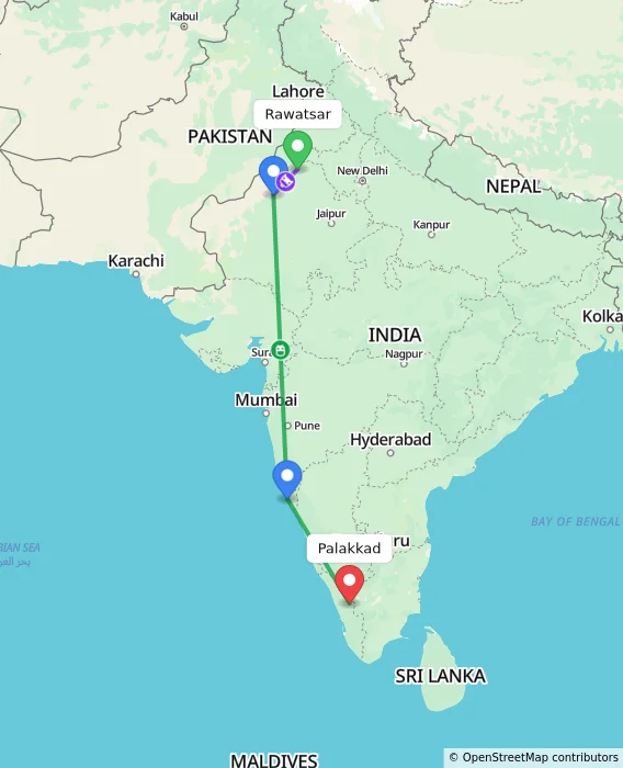 Route map showing distance and travel time from Rawatsar, India to Palakkad, India