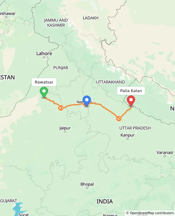 Route map showing distance and travel time from Rawatsar, India to Palia Kalan, India