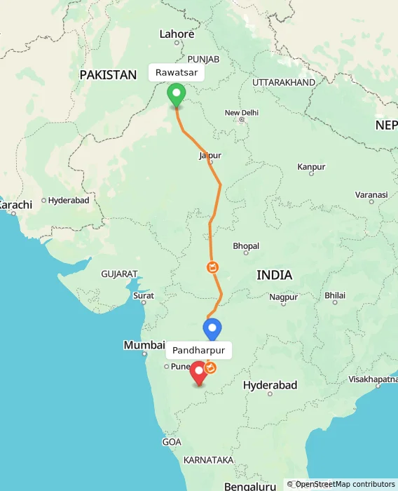 Route map showing distance and travel time from Rawatsar, India to Pandharpur, India