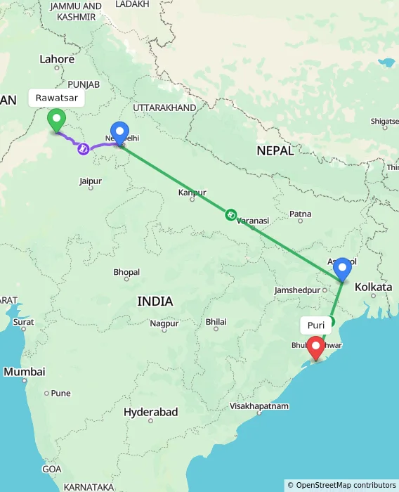 Route map showing distance and travel time from Rawatsar, India to Puri, India