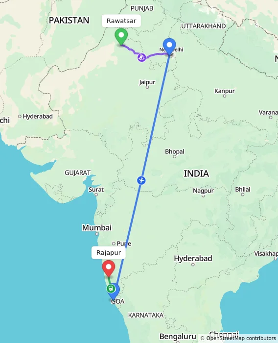 Route map showing distance and travel time from Rawatsar, India to Rajapur, India