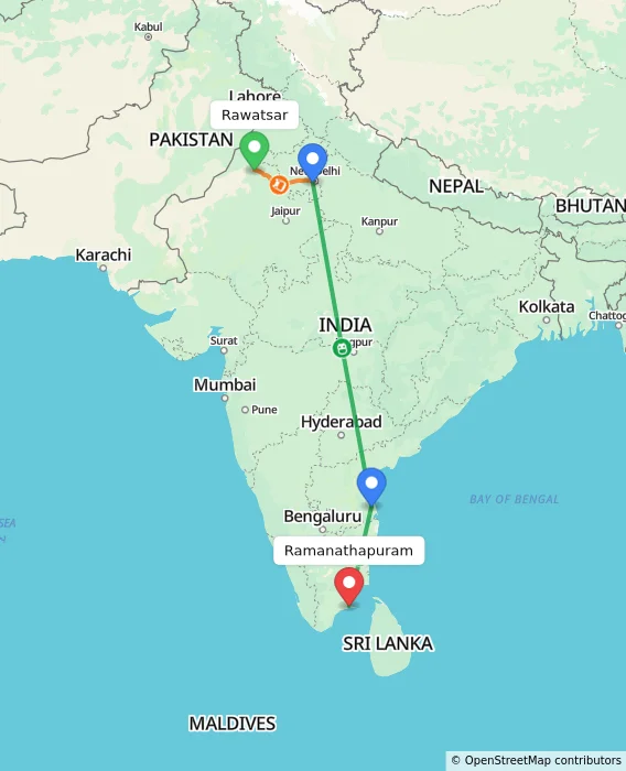 Route map showing distance and travel time from Rawatsar, India to Ramanathapuram, India