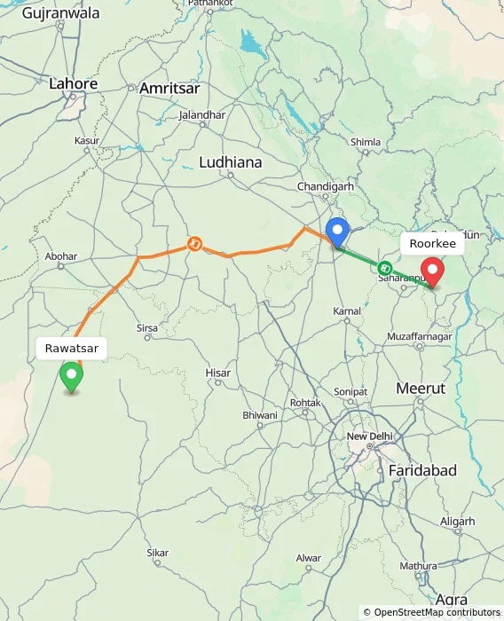 Route map showing distance and travel time from Rawatsar, India to Roorkee, India