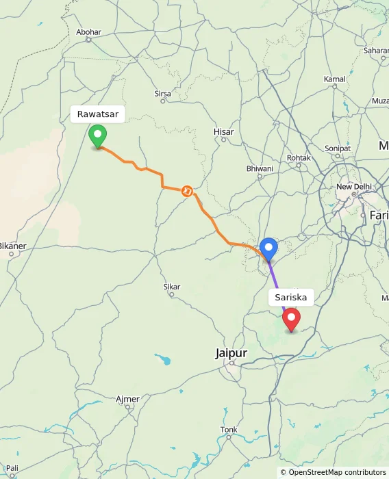 Route map showing distance and travel time from Rawatsar, India to Sariska, India