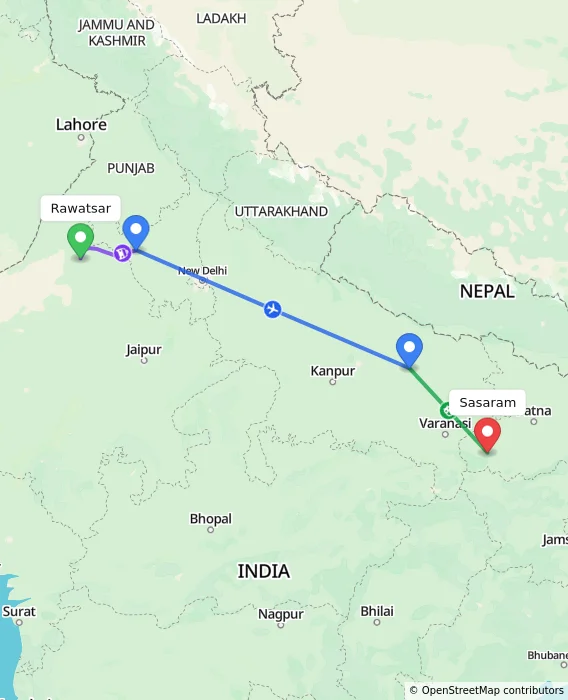 Route map showing distance and travel time from Rawatsar, India to Sasaram, India