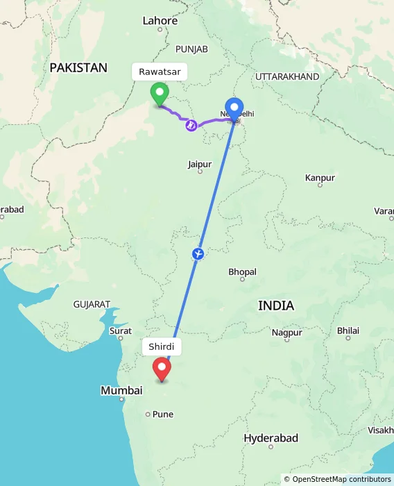 Route map showing distance and travel time from Rawatsar, India to Shirdi, India