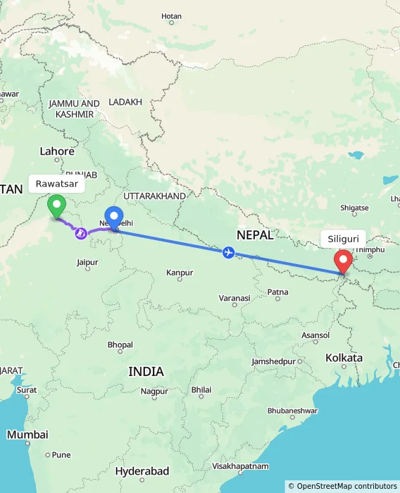 Route map showing distance and travel time from Rawatsar, India to Siliguri, India