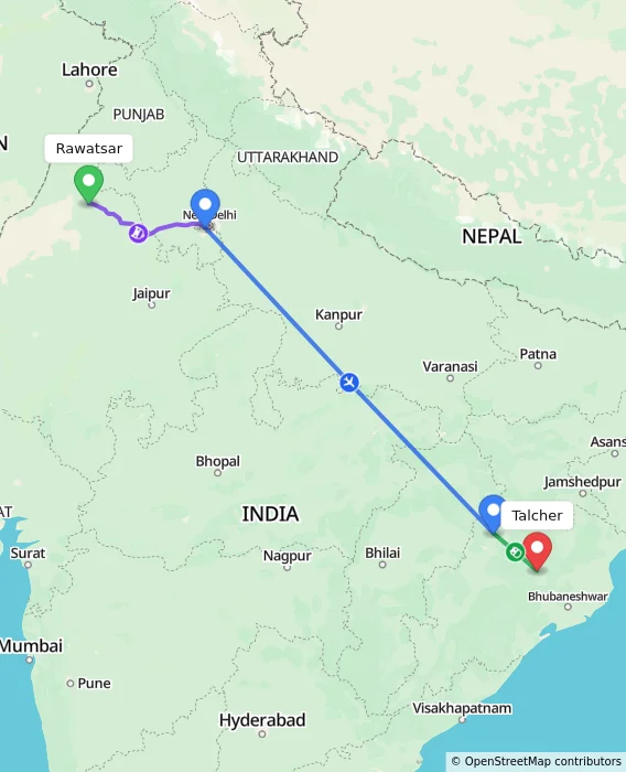 Route map showing distance and travel time from Rawatsar, India to Talcher, India