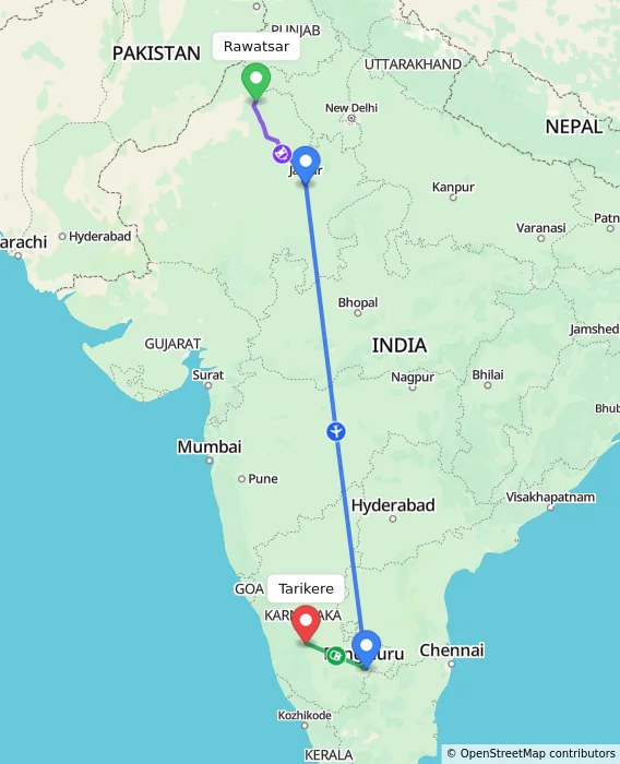 Route map showing distance and travel time from Rawatsar, India to Tarikere, India