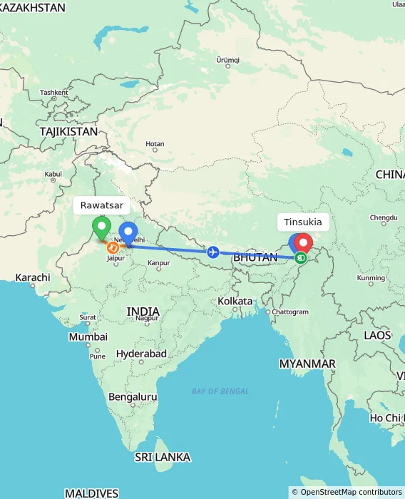 Route map showing distance and travel time from Rawatsar, India to Tinsukia, India
