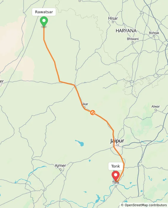 Route map showing distance and travel time from Rawatsar, India to Tonk, India